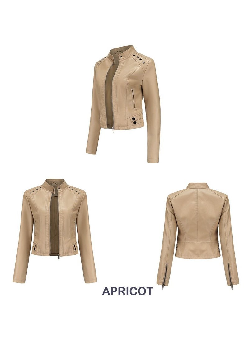 Loquat Women's New Riveted Leather Stand Neck Fashion Jacket Apricot - Image 2