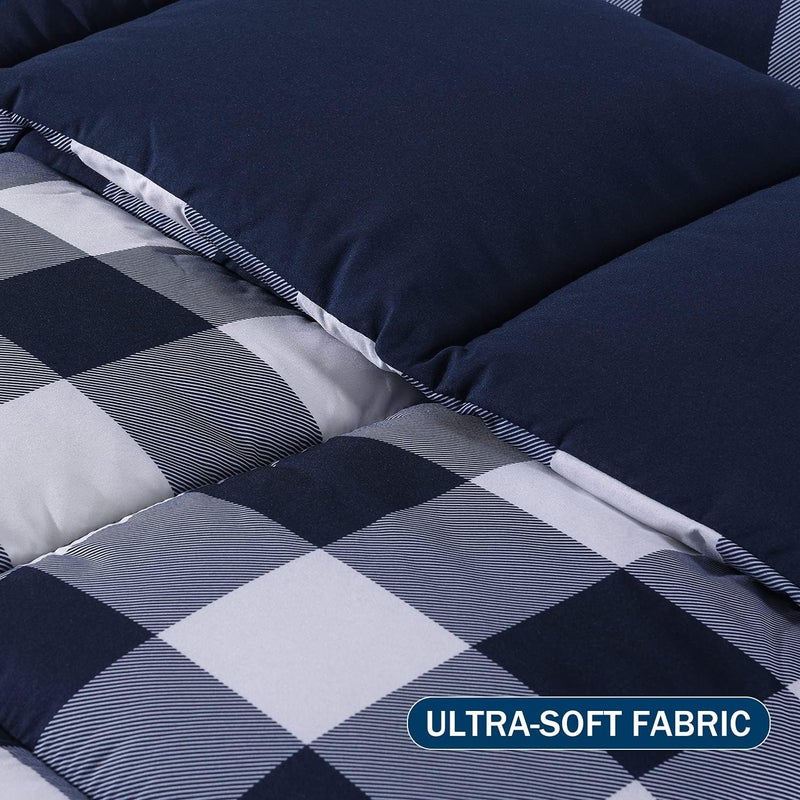 downluxe Lightweight Plaid Comforter Set (Queen) with 2 Pillow Shams - 3-Piece Set - Blue/White Plaid - Down Alternative Reversible Comforter - Image 4