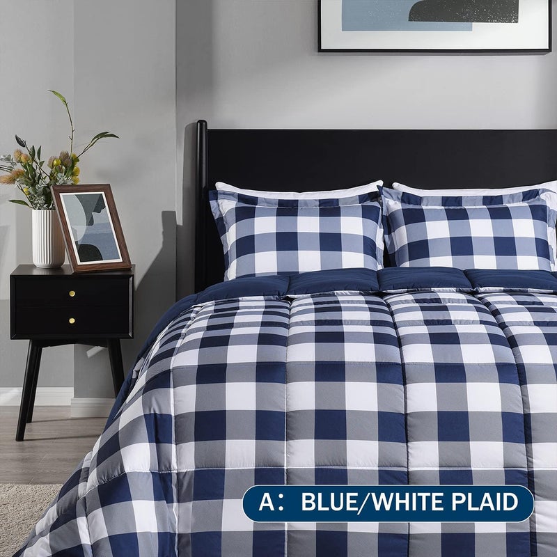 downluxe Lightweight Plaid Comforter Set (Queen) with 2 Pillow Shams - 3-Piece Set - Blue/White Plaid - Down Alternative Reversible Comforter - Image 2
