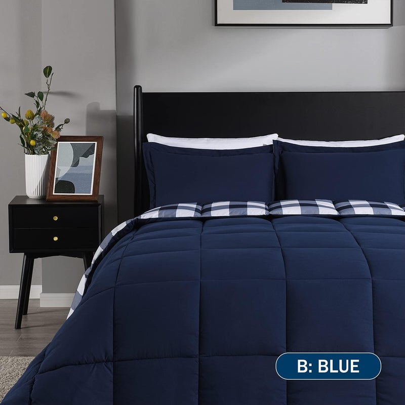 downluxe Lightweight Plaid Comforter Set (Queen) with 2 Pillow Shams - 3-Piece Set - Blue/White Plaid - Down Alternative Reversible Comforter - Image 3