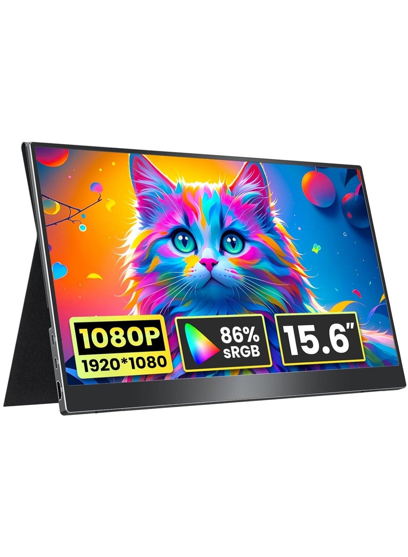 Ahuamty Portable Monitor 15.6 inch 1080P FHD 86% sRGB 60Hz, Travel Monitor for Laptop MacBook Surface PC Xbox PS5, HDMI Dual USB-C VESA Compatible Built-in Speaker, with Cover - Image 1