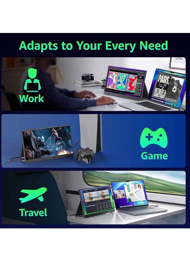 Ahuamty Portable Monitor 15.6 inch 1080P FHD 86% sRGB 60Hz, Travel Monitor for Laptop MacBook Surface PC Xbox PS5, HDMI Dual USB-C VESA Compatible Built-in Speaker, with Cover - Image 4