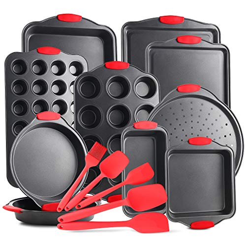 EATEX Baking Sheet Set - Cookie Sheet Set with Silicone Handles - Steel Baking Pans Set - Durable Baking Sheets for Oven - BPA Free Cookie Sheets for Baking Nonstick Set - 15 Piece Set, Black - Image 1