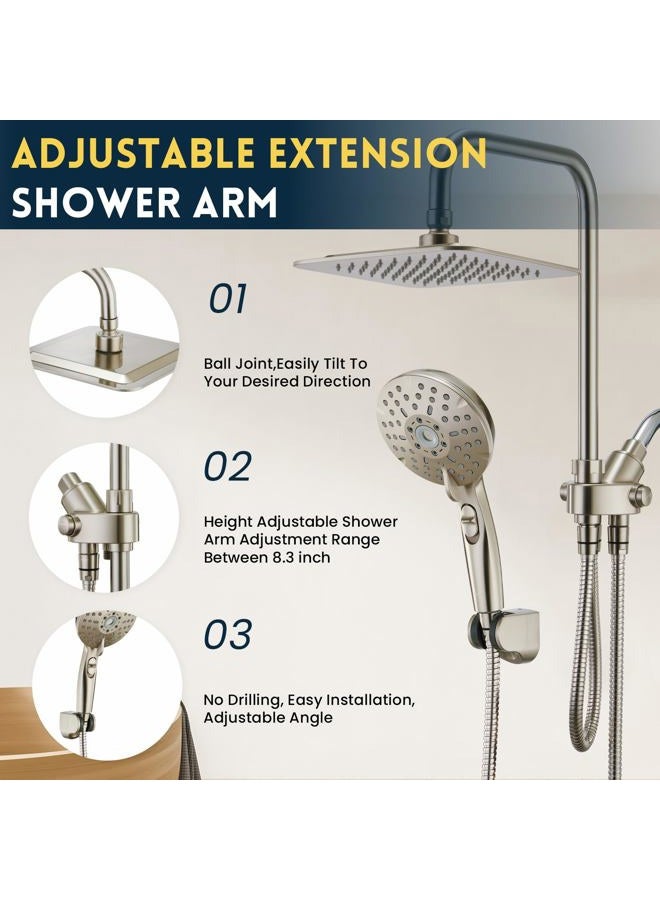 Ryamen Combination with Double Shower Heads, Brushed Nickel 8" High Pressure Rain/Rain Shower Head, 5 Settings Adjustable Handheld Showers, with 15" Adjustable Adjustable Slide Bar - Image 5
