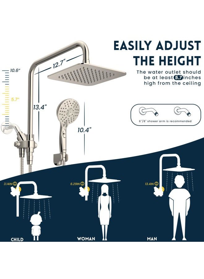 Ryamen Combination with Double Shower Heads, Brushed Nickel 8" High Pressure Rain/Rain Shower Head, 5 Settings Adjustable Handheld Showers, with 15" Adjustable Adjustable Slide Bar - Image 2