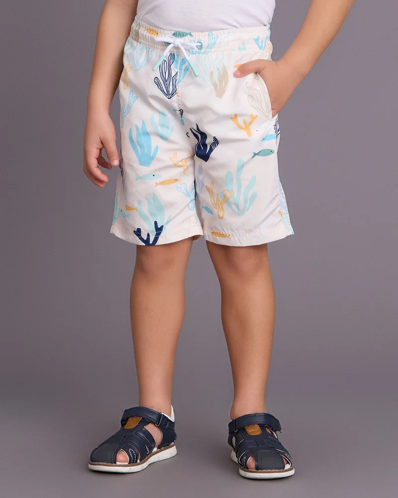 Redtag Boys White Printed Swim Shorts