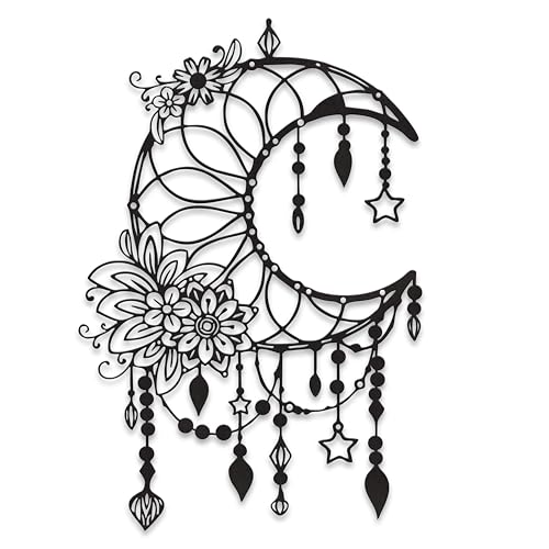 Xedatric Matte Black Moon Phase Wall DecorElegant Metal Moon Wall Art with Floral Hanging StarsCelestial Bedroom Decor for Indoor Outdoor - Image 1