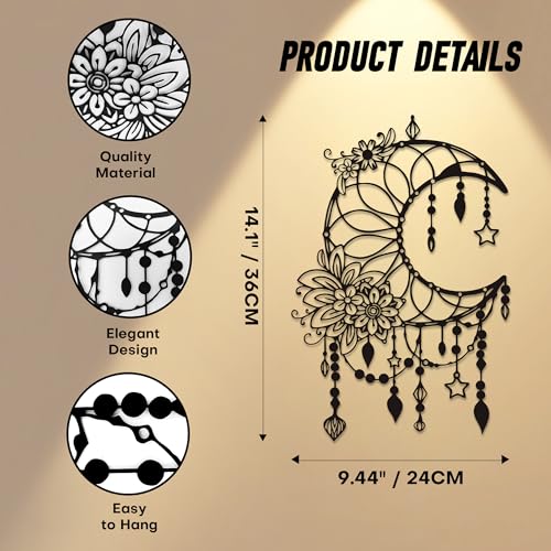 Xedatric Matte Black Moon Phase Wall DecorElegant Metal Moon Wall Art with Floral Hanging StarsCelestial Bedroom Decor for Indoor Outdoor - Image 3
