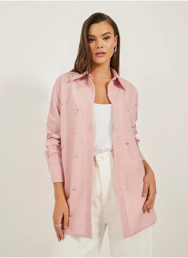 Styli Styli Embellished Longline Oversized Shirt
