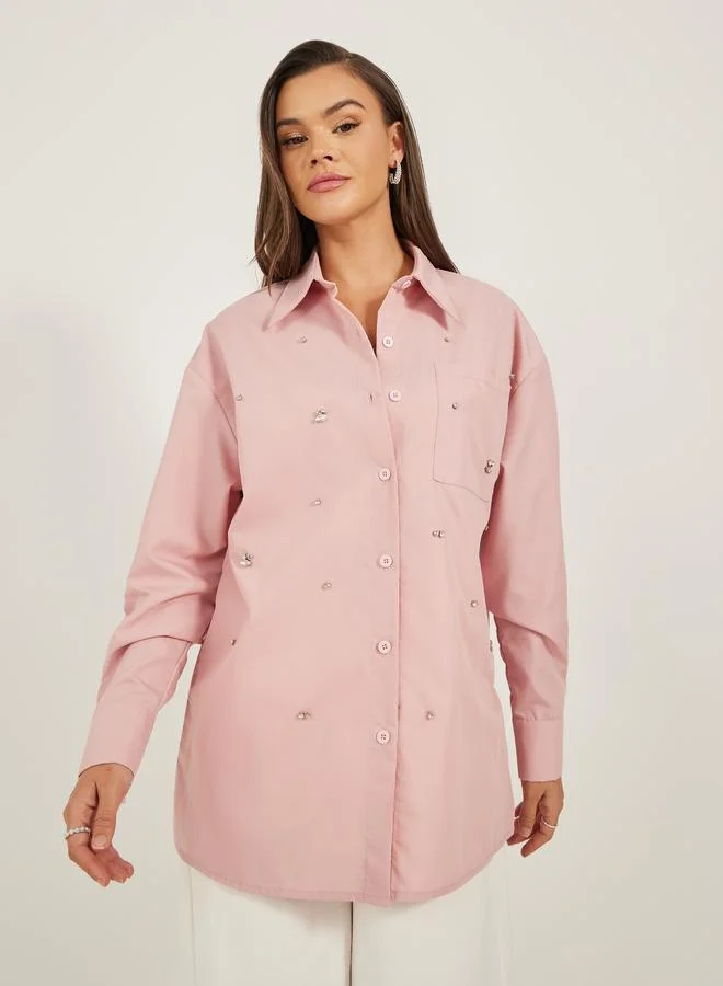 Styli Embellished Longline Oversized Shirt