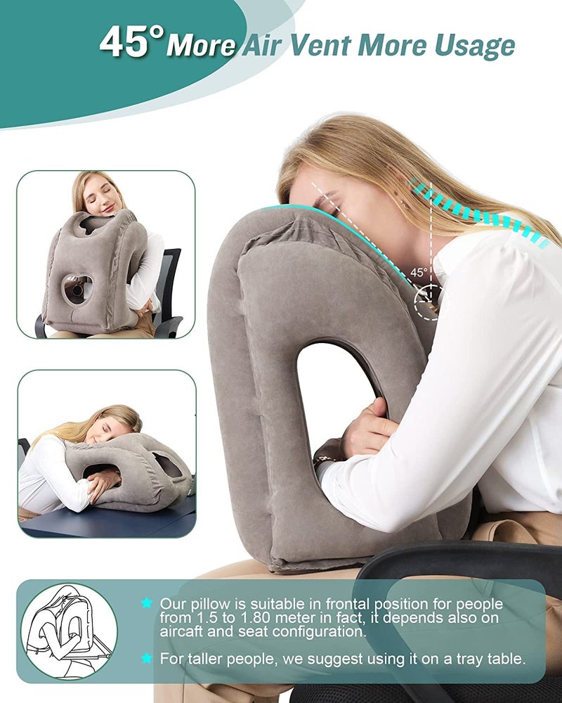 MTRoyaldia Polyvinyl Chloride Inflatable Travel Pillow, Airplane Neck Pillow Comfortably Supports Head and Chin for Airplanes, Trains, Cars and Office Napping (Grey) - Image 4