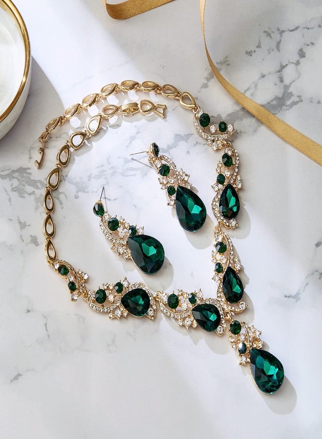 بريلوف طقم مجوهرات زفاف بريلوف للنساء، قلادة وأقراط متدلية مرصعة بكريستالات متعددة على شكل دمعة، مثالية لحفلات الزفاف، لون الزمرد، لون ذهبي. - Image 4