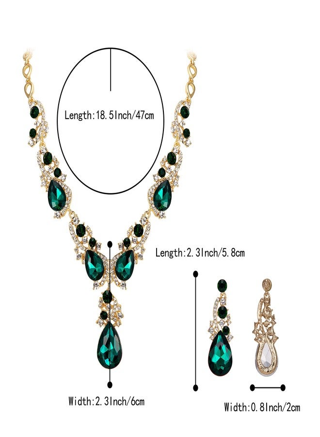 بريلوف طقم مجوهرات زفاف بريلوف للنساء، قلادة وأقراط متدلية مرصعة بكريستالات متعددة على شكل دمعة، مثالية لحفلات الزفاف، لون الزمرد، لون ذهبي. - Image 5