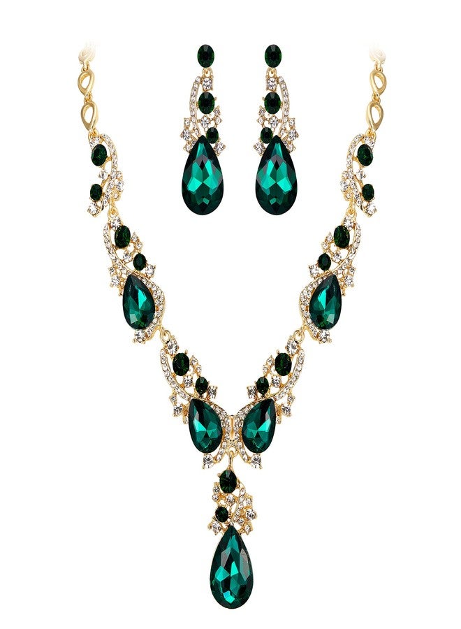 بريلوف طقم مجوهرات زفاف بريلوف للنساء، قلادة وأقراط متدلية مرصعة بكريستالات متعددة على شكل دمعة، مثالية لحفلات الزفاف، لون الزمرد، لون ذهبي. - Image 1