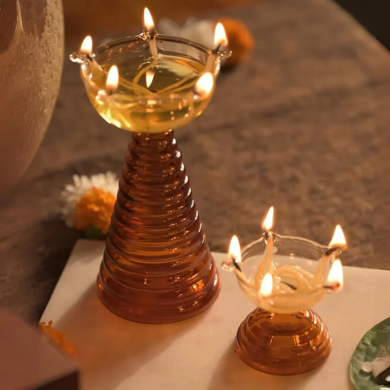 Muun Home Muun Home Glass Diya Pair Set (Tall + Short Diya) - Amber Color for Decor and Festivals