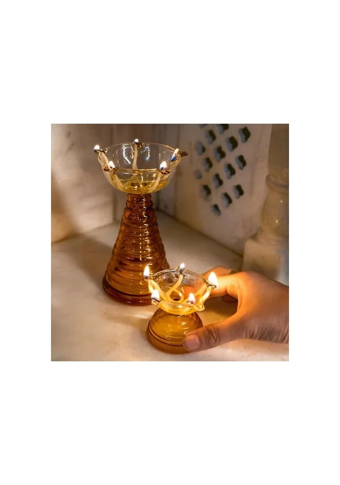 Muun Home Muun Home Glass Diya Pair Set (Tall + Short Diya) - Amber Color for Decor and Festivals