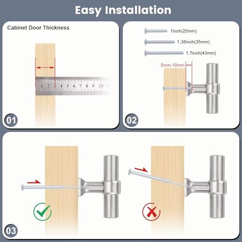 knobelite 5 Pack Brushed Nickel Kitchen Cabinet Knobs Single Hole Dresser Pulls with Zinc Alloy Base Stainless Steel T Bar Drawer Knob for Bedroom Bathroom - Image 4