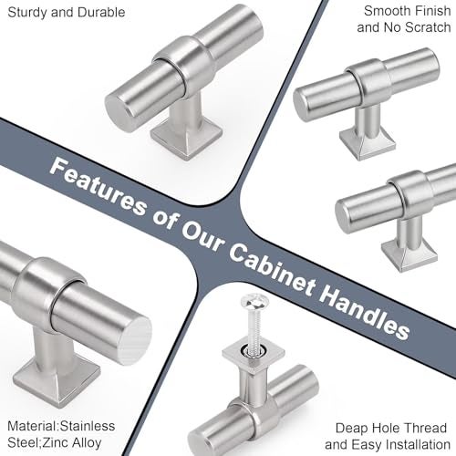 knobelite 5 Pack Brushed Nickel Kitchen Cabinet Knobs Single Hole Dresser Pulls with Zinc Alloy Base Stainless Steel T Bar Drawer Knob for Bedroom Bathroom - Image 5