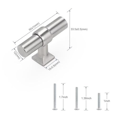 knobelite 5 Pack Brushed Nickel Kitchen Cabinet Knobs Single Hole Dresser Pulls with Zinc Alloy Base Stainless Steel T Bar Drawer Knob for Bedroom Bathroom - Image 3