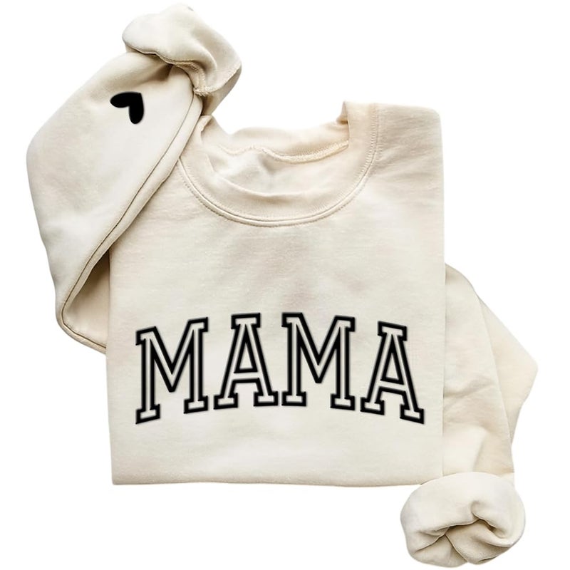 IZI POD Mama Puff Letter Sweatshirt, Mama Sweatshirt with Heart on Sleeve, Gift for Mom, Birthday, Valentine, Mother's Day, Christmas Sand L - Image 1