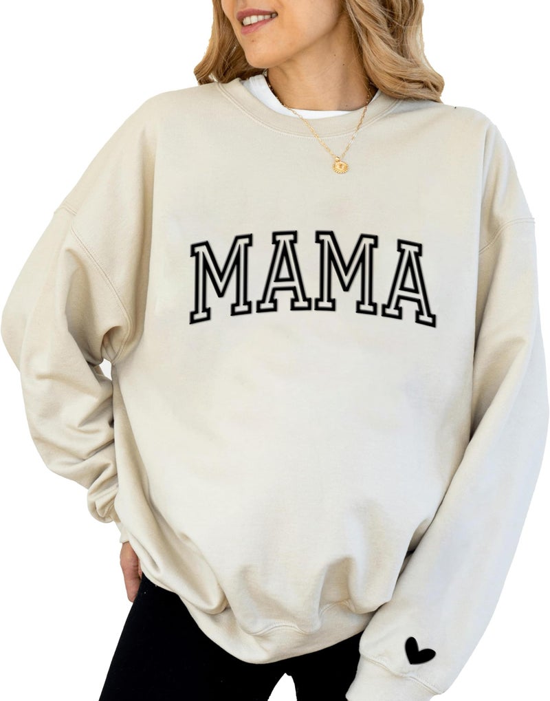 IZI POD Mama Puff Letter Sweatshirt, Mama Sweatshirt with Heart on Sleeve, Gift for Mom, Birthday, Valentine, Mother's Day, Christmas Sand L - Image 2