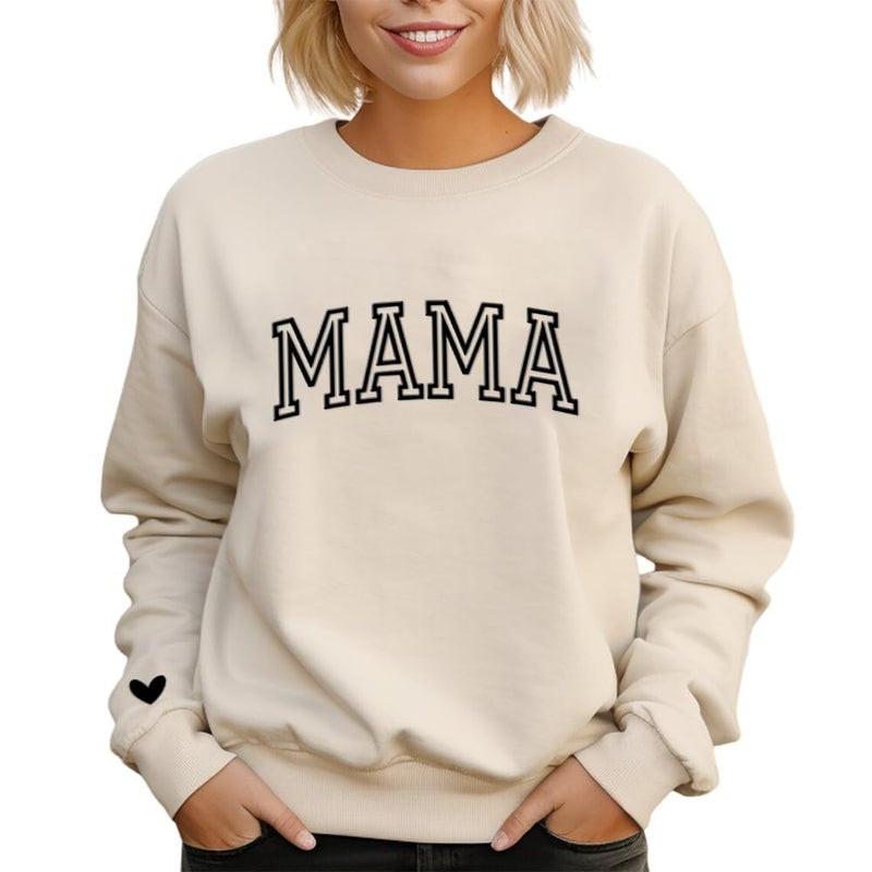 IZI POD Mama Puff Letter Sweatshirt, Mama Sweatshirt with Heart on Sleeve, Gift for Mom, Birthday, Valentine, Mother's Day, Christmas Sand L - Image 5