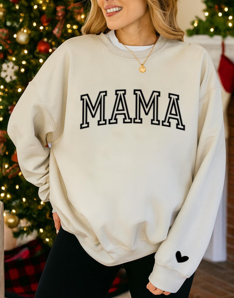 IZI POD Mama Puff Letter Sweatshirt, Mama Sweatshirt with Heart on Sleeve, Gift for Mom, Birthday, Valentine, Mother's Day, Christmas Sand L - Image 3