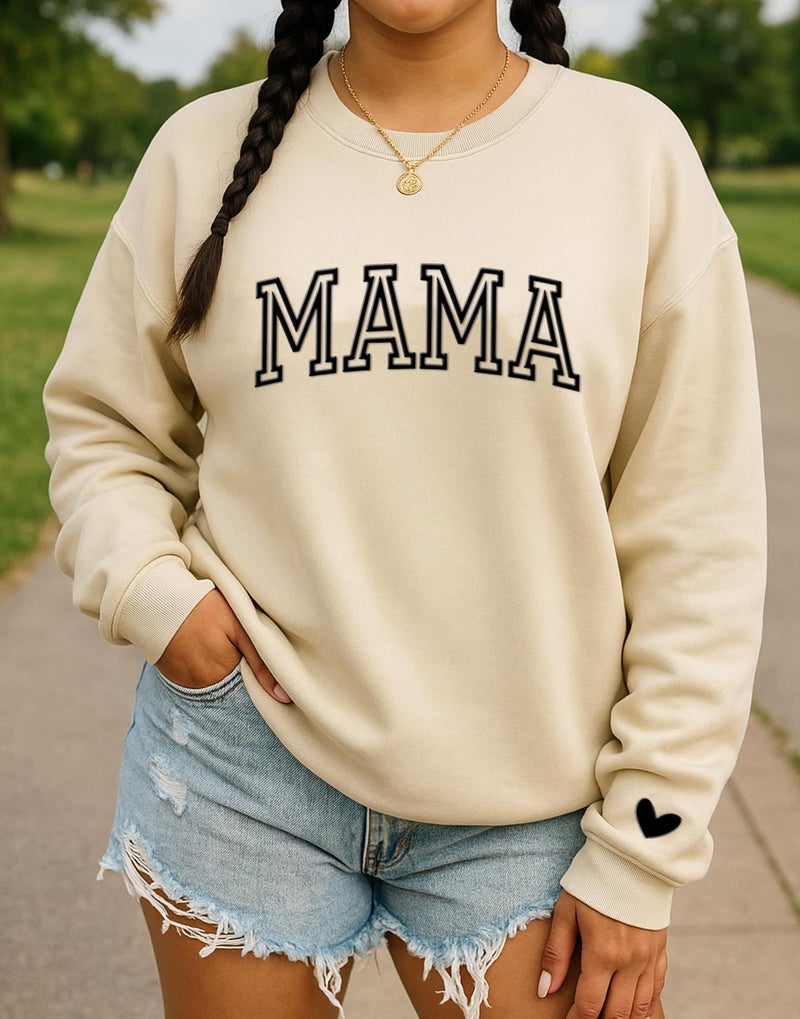 IZI POD Mama Puff Letter Sweatshirt, Mama Sweatshirt with Heart on Sleeve, Gift for Mom, Birthday, Valentine, Mother's Day, Christmas Sand L - Image 4