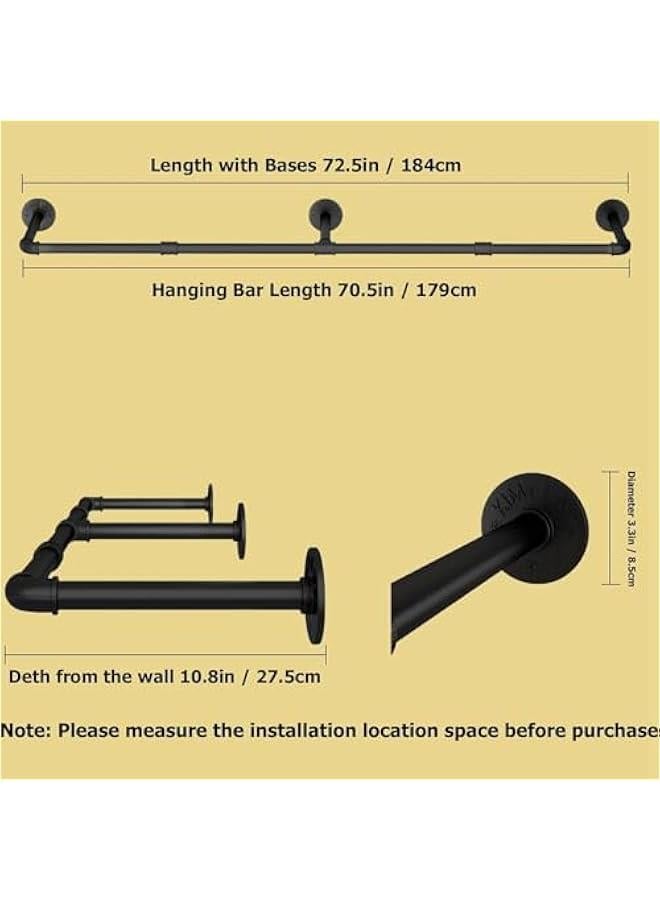 HOOKOR Clothes Rack Wall Mounted, Industrial Pipe Wall Mount Clothing Rack, Space Saver Hanging Pipe Clothes Rack, Heavy Duty Garment Racks for Laundry Room, Closet Storage (70.5in) - Image 2
