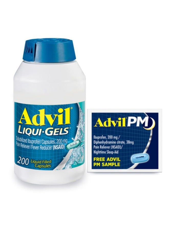 Advil Liqui-Gels Pain Reliever and Fever Reducer, Pain Medicine for Adults with Ibuprofen 200mg for Headache, Backache, Menstrual Pain and Joint Pain Relief - 200 Capsules, Advil PM Ibuprofen - 2 Ct - Image 1