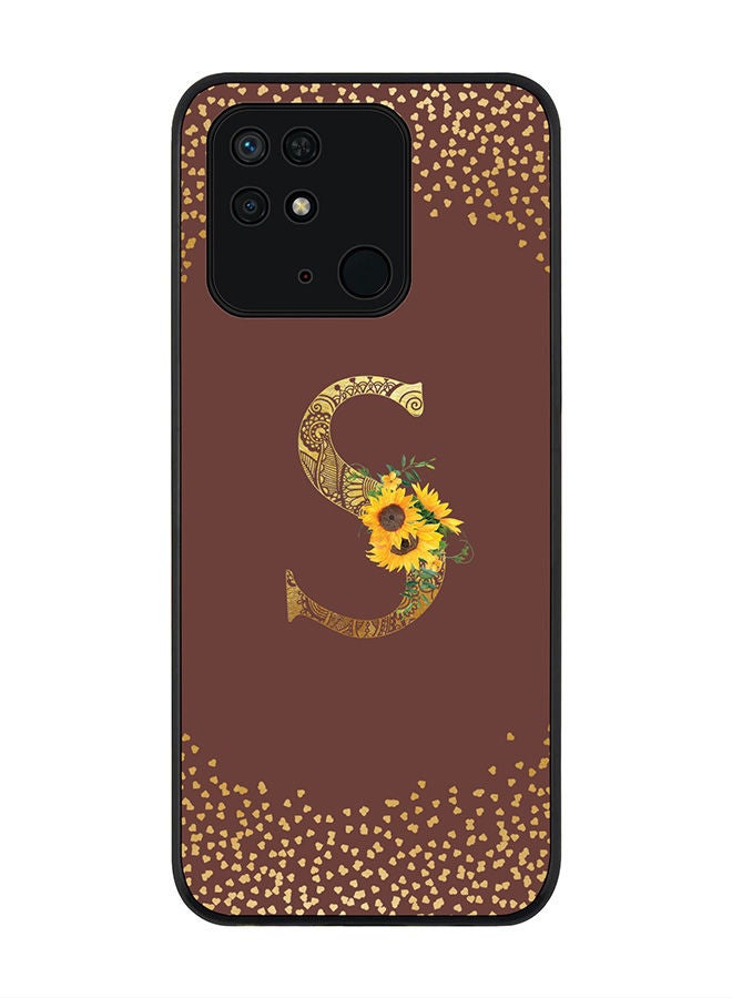 Stylizedd Rugged Black edge case for Redmi 10C 4G  Slim fit Soft Case Flexible Rubber Edges Anti Drop TPU Gel Thin Cover - Custom Monogram Initial Letter Floral Pattern Alphabet - S (Brown ) - Image 1