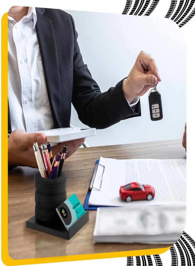 Feifeiya Tire Shape Stationery Set Tire Shaped Pen Holder Metal Business Card Holder Automotive Business Card Organizer for Man Desk Office School Cool Mechanic Gifts Car Lovers Accessories(Black) - Image 5