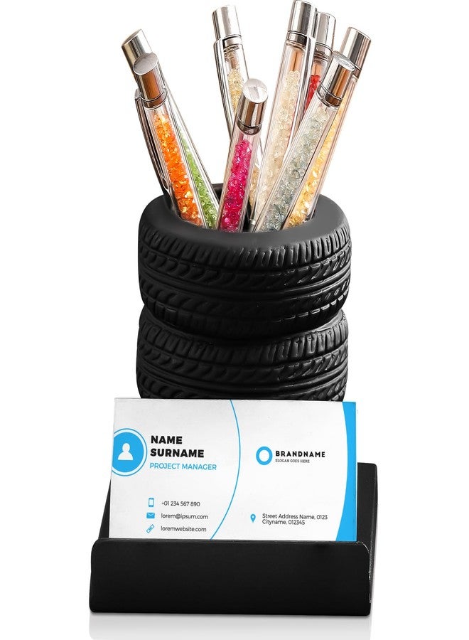 Feifeiya Tire Shape Stationery Set Tire Shaped Pen Holder Metal Business Card Holder Automotive Business Card Organizer for Man Desk Office School Cool Mechanic Gifts Car Lovers Accessories(Black) - Image 1