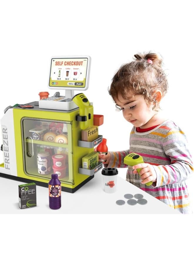 Zain deAO Cash Register Toy Coffee Machine Toy - 2 in 1 Pretend Play Store with Credit Card, Play Money, Food, Scanner Learning Toys - Gift for Boys and Girls Ages 3+(Green) - Image 4