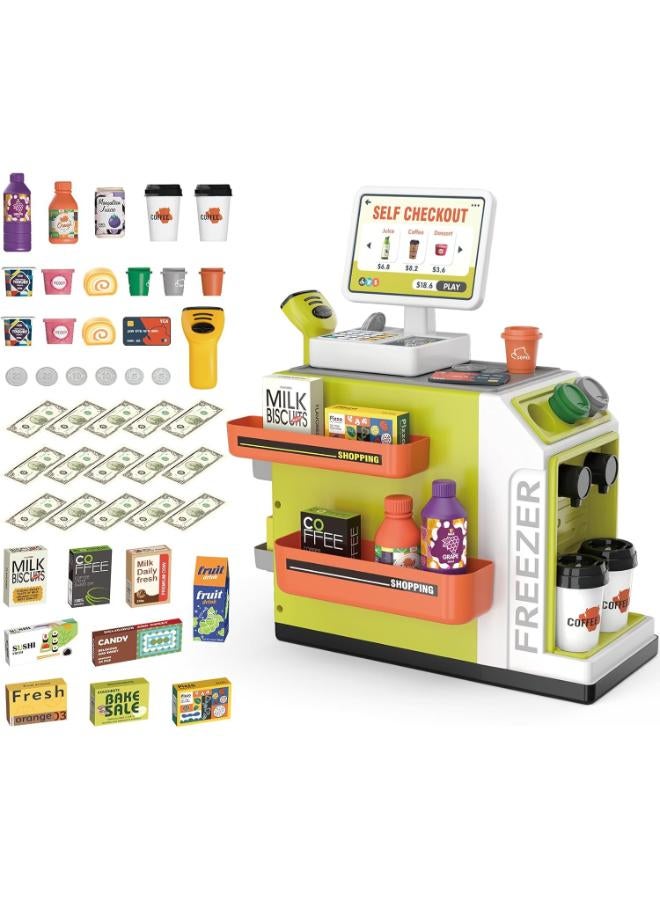 Zain deAO Cash Register Toy Coffee Machine Toy - 2 in 1 Pretend Play Store with Credit Card, Play Money, Food, Scanner Learning Toys - Gift for Boys and Girls Ages 3+(Green) - Image 5