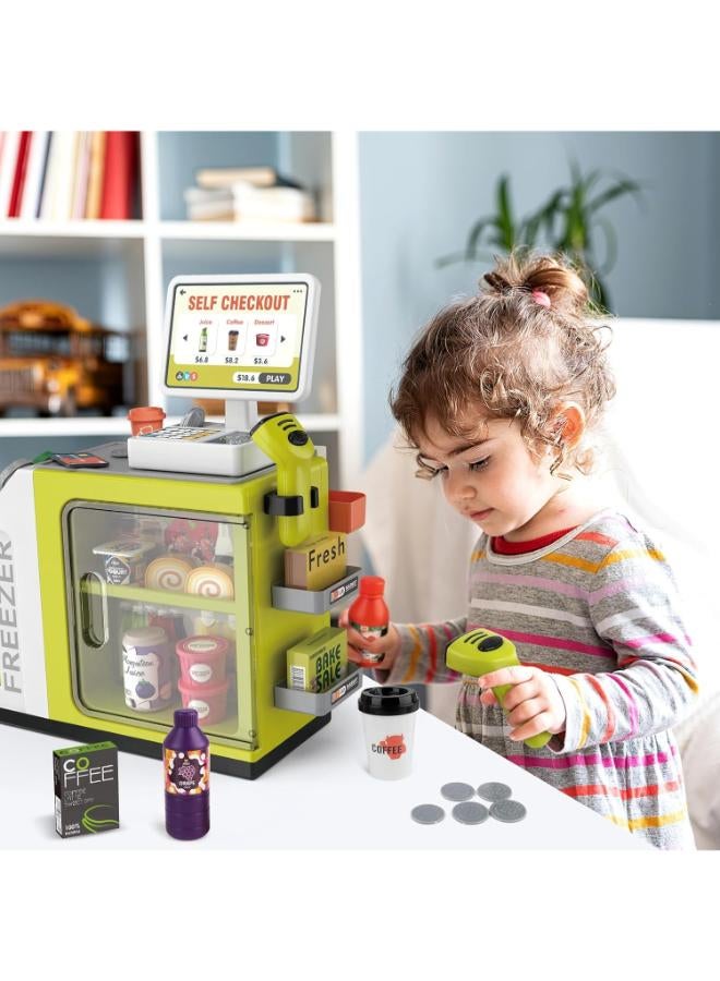 Zain deAO Cash Register Toy Coffee Machine Toy - 2 in 1 Pretend Play Store with Credit Card, Play Money, Food, Scanner Learning Toys - Gift for Boys and Girls Ages 3+(Green) - Image 3