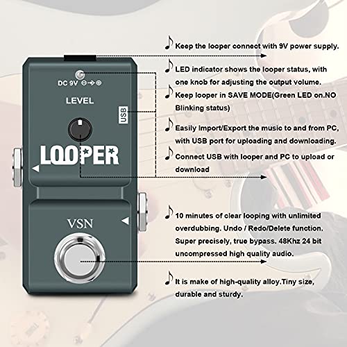 VSN 48K Looper Electric Guitar Effect Loop Pedal 10 Minutes of Looping Unlimited Overdubs USB Port True Bypass - Image 4