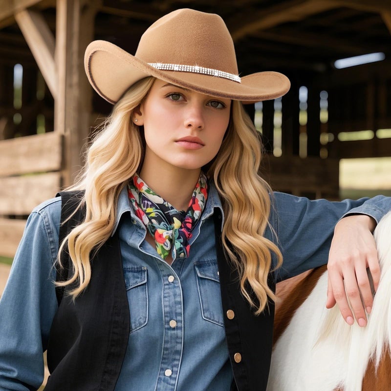 DRESHOW Glitter Cowboy Hat Classic Western Rhinestone Cowgirl Hat Outdoor Wide Brim Retro Felt Fedora Hats Unisex Rolled up Caps for Women and Men - Image 4