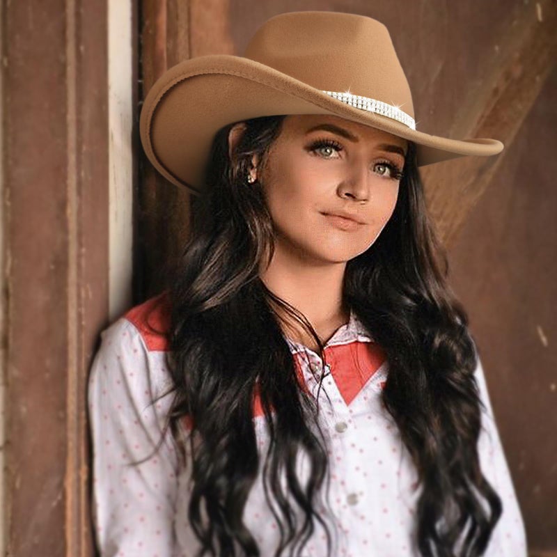DRESHOW Glitter Cowboy Hat Classic Western Rhinestone Cowgirl Hat Outdoor Wide Brim Retro Felt Fedora Hats Unisex Rolled up Caps for Women and Men - Image 2
