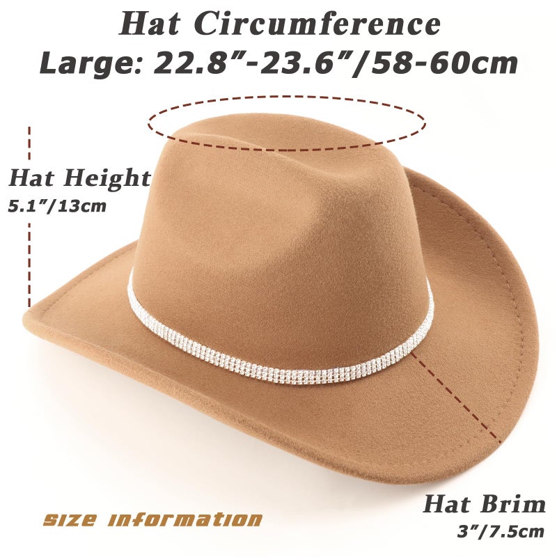 DRESHOW Glitter Cowboy Hat Classic Western Rhinestone Cowgirl Hat Outdoor Wide Brim Retro Felt Fedora Hats Unisex Rolled up Caps for Women and Men - Image 5