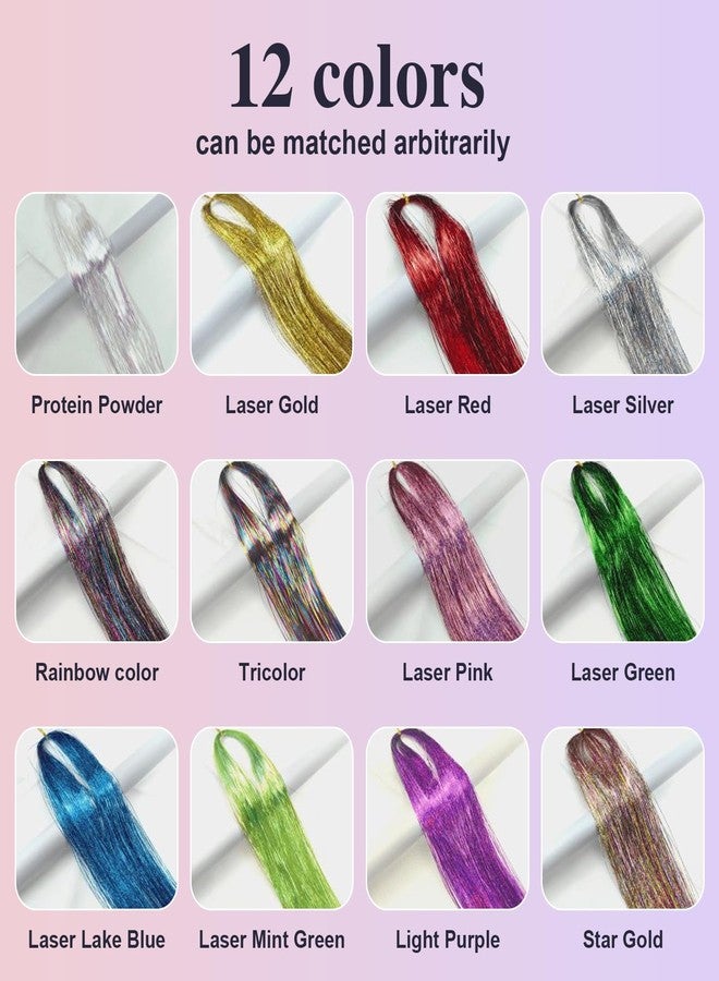 Leuceiy 12 Colors Hair Tinsel Kit, 48 Inch Hair Extensions With Tool, 3600 Strands Sparkling Dazzle Glitter Shiny Fairy Hair Heat Resistant for Girls Women Christmas New Year Festival Party - Image 3