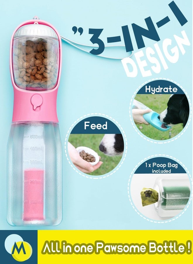 MoonyMars Portable Dog Water Bottle, 3-in-1 Travel Bowl with Food Container & Poop Bag Holder, Pet Dispenser Summer Outdoor Walking Hiking Accessories for Large Dogs - Pink, 20oz - Image 2