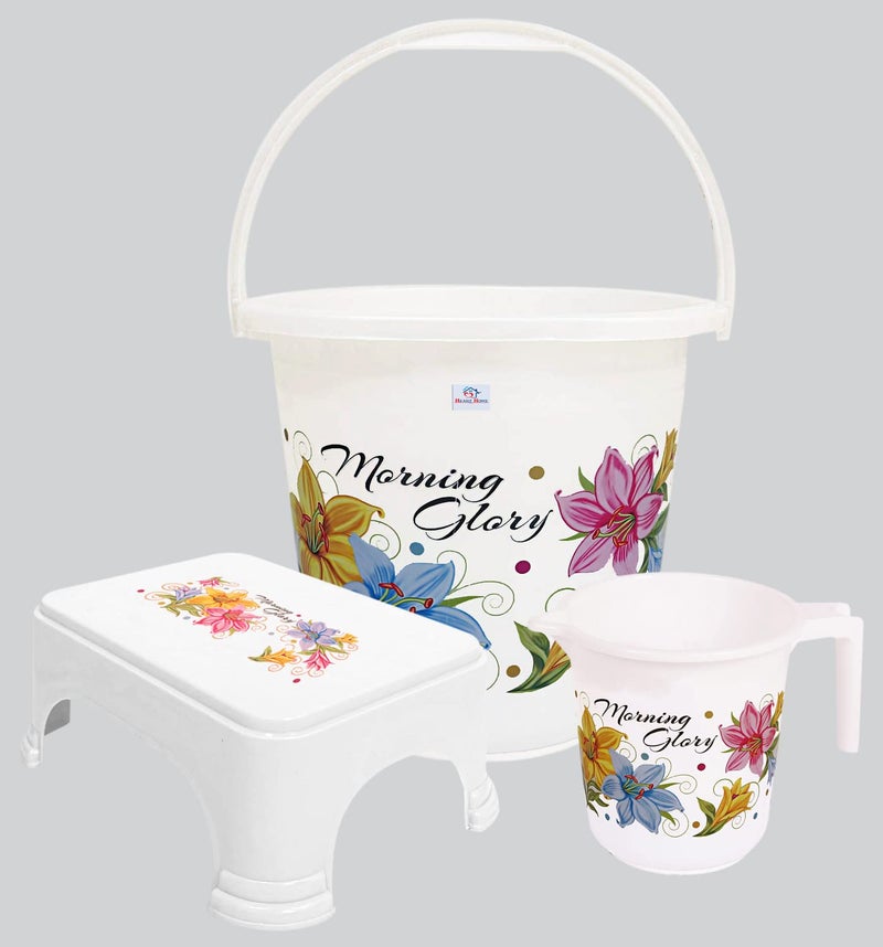Kuber Industries Heart Home Printed 3 Pieces Plastic Bucket, Mug & Stool Set (White) - Image 1