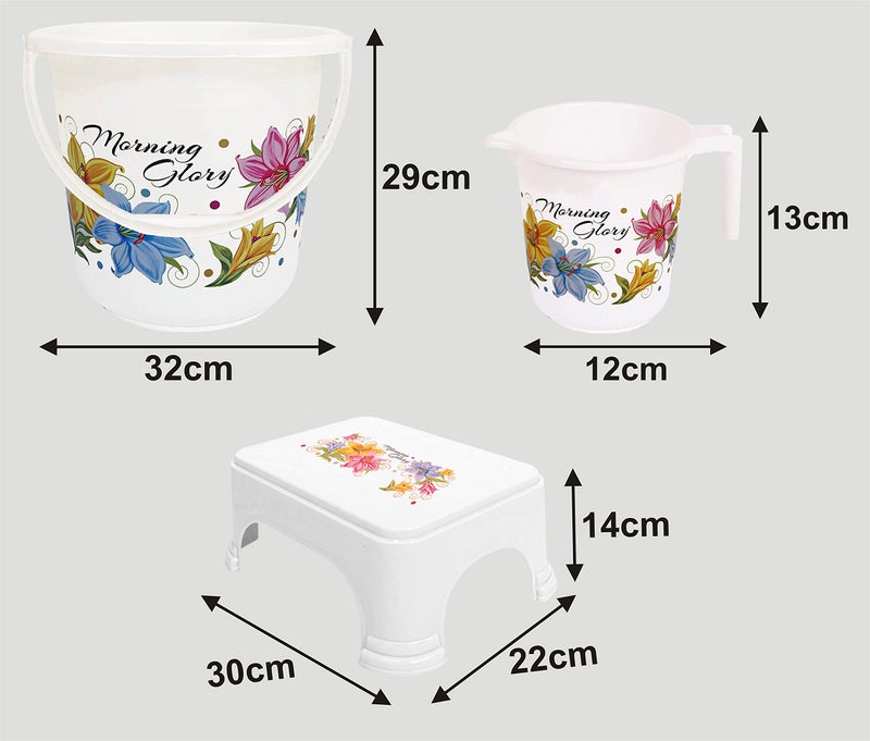 Kuber Industries Heart Home Printed 3 Pieces Plastic Bucket, Mug & Stool Set (White) - Image 4
