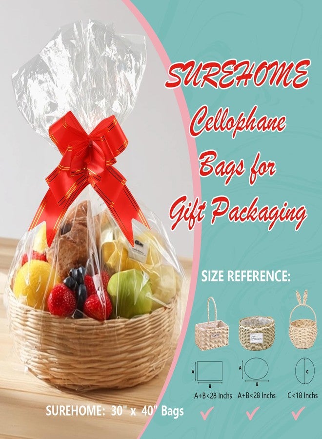 SUREHOME Cellophane Bags for Gift Baskets Wrapping Plastic 10 Pcs 30 x 40 Inch Large Cellophane Bags for Easter Basket Wrap Clear Gift Bags with Pull Bow Shrink Wrap Bag for Gift Basket Gift Giving - Image 3