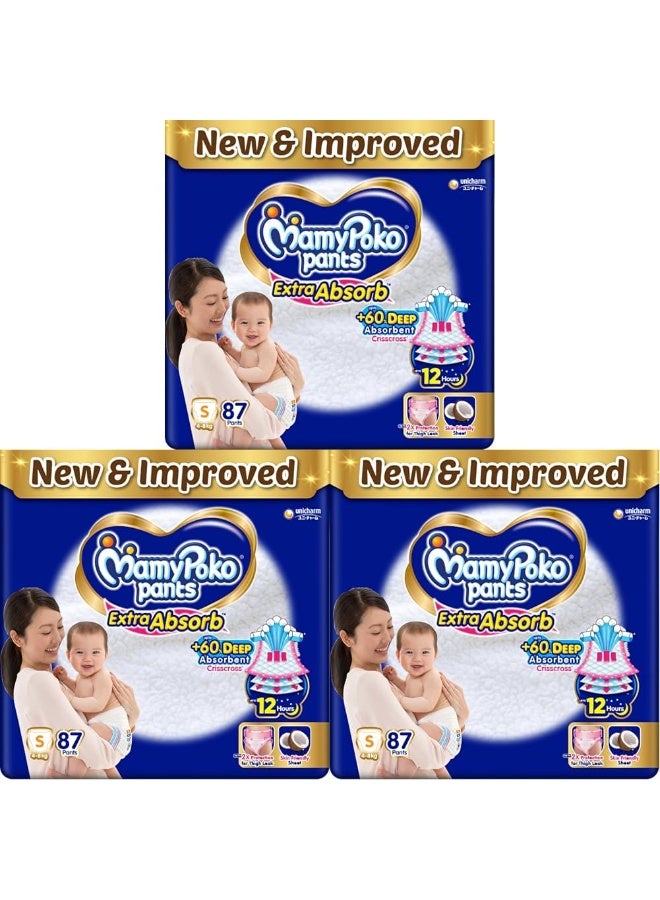 MamyPoko Pants Extra Absorb Baby Diapers, Small (S), 87 Count, 4-8kg (Pack of 3)