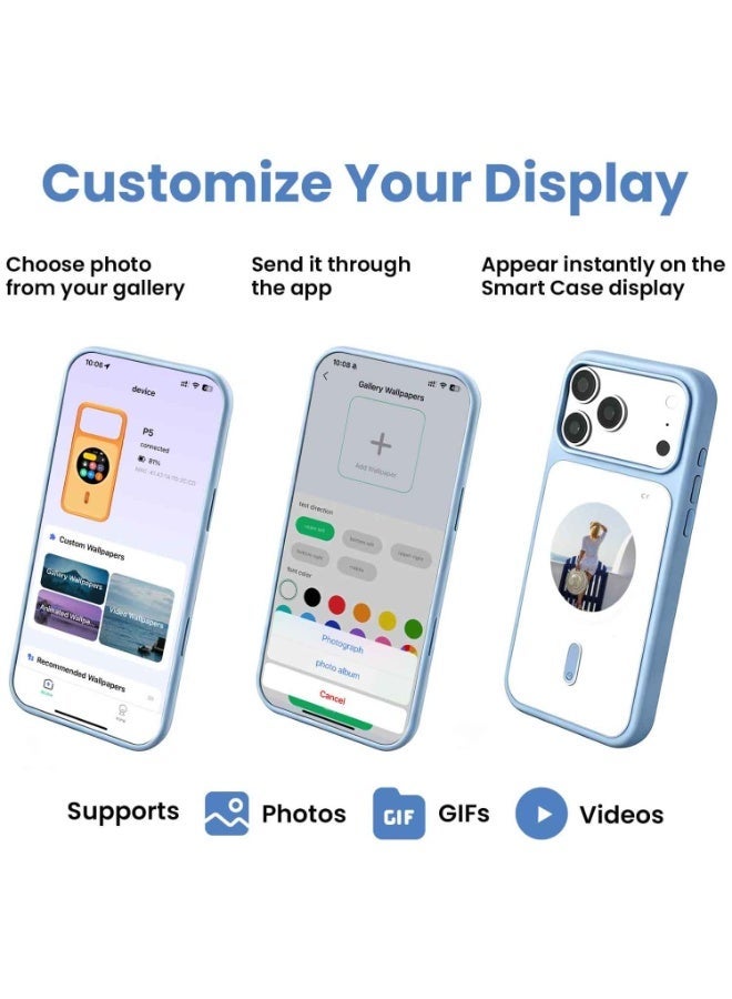 جراب ذكي لهاتف iPhone 17 Pro Max بشاشة لمس 1.85 بوصة، غطاء تفاعلي مع شاشة عرض مخصصة (صور/صور متحركة/فيديوهات)، تحكم باللمس، ألعاب مصغرة، تنبيهات الإشعارات وقابل لإعادة الشحن (رمادي) - Image 3
