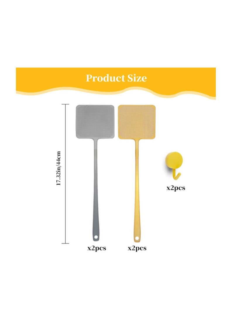OPULENO Fly Swatter, 4pcs Heavy Duty Plastic Fly Swatters 17.3inch Long Handle Flexible Manual Mosquitoes Pests Flies Swatters with Hanging Hooks, Gold and Silver - Image 3