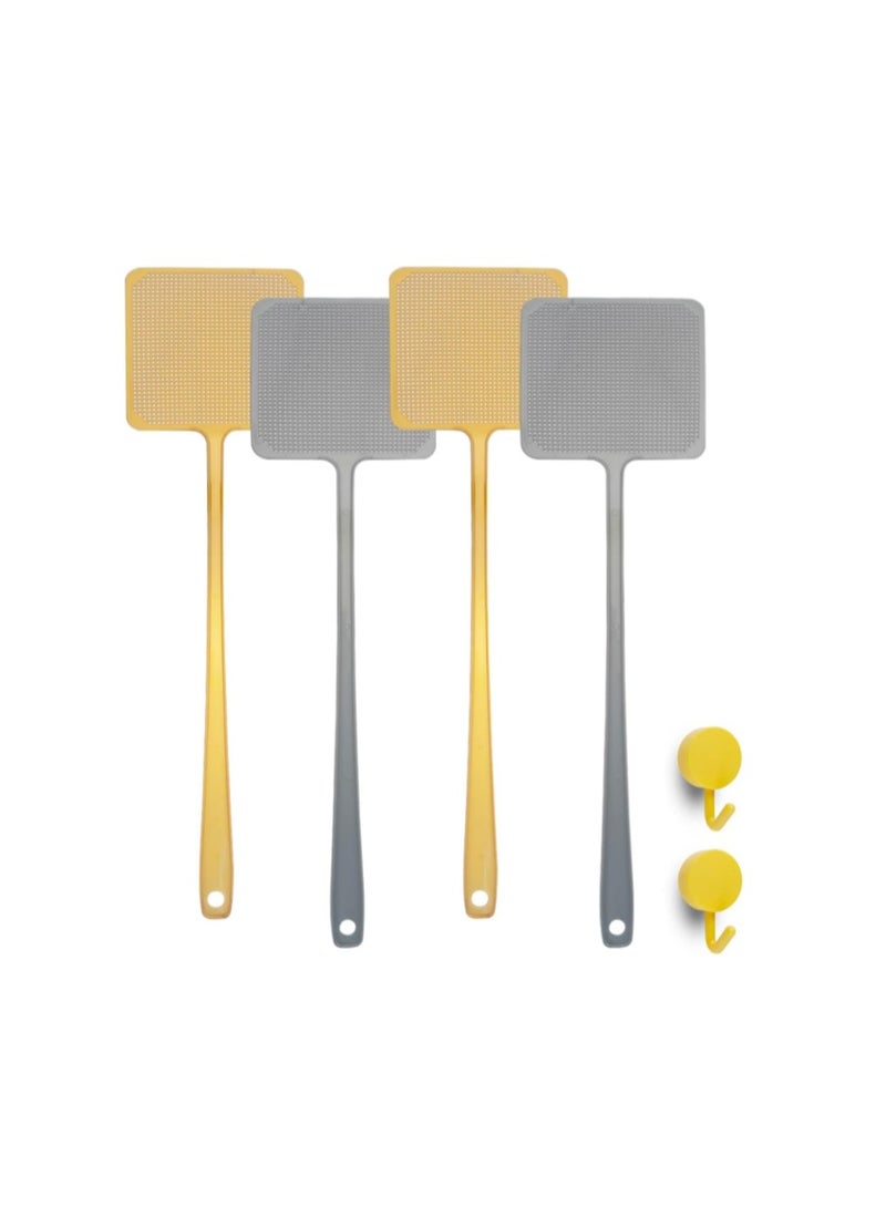 OPULENO Fly Swatter, 4pcs Heavy Duty Plastic Fly Swatters 17.3inch Long Handle Flexible Manual Mosquitoes Pests Flies Swatters with Hanging Hooks, Gold and Silver - Image 1