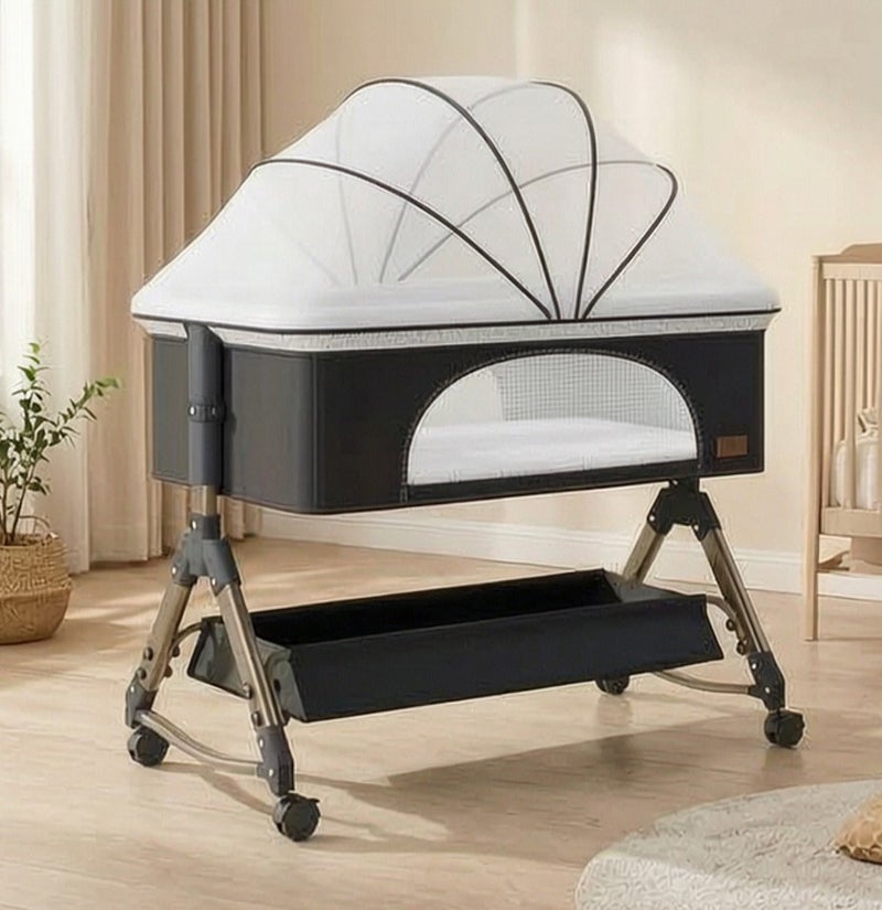 السعادة هوم  4-in-1 Portable Baby Crib, Infant Bed, Bedside Crib, Side Sleeper, Adjustable Rocking Bed with 6 Heights and Wheels, Full Mesh Side Bed for Newborns - 80x50cm - Image 2